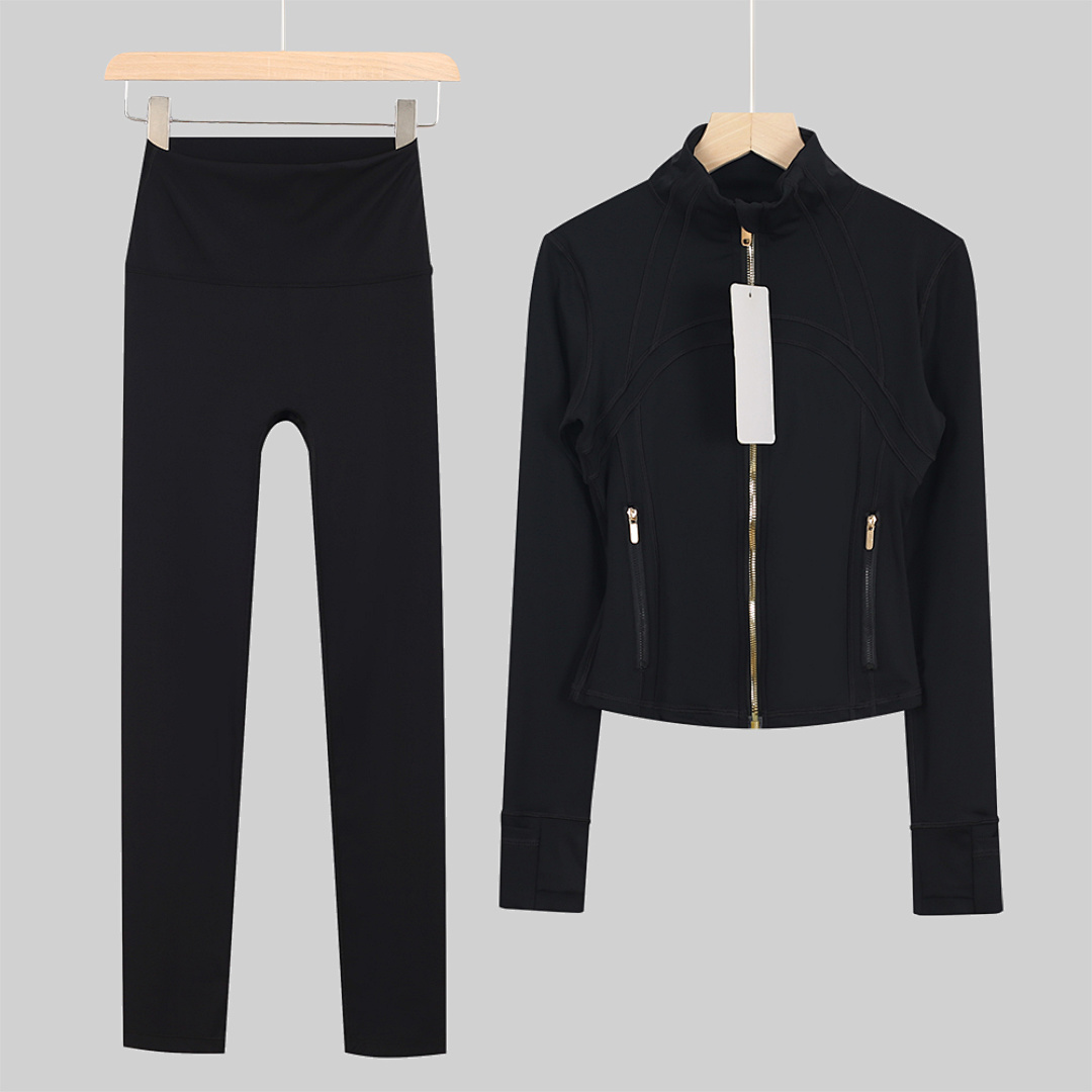 Womens Yoga Set with Gold Zipper Sports Jacket and High-waisted Pants - Image 3