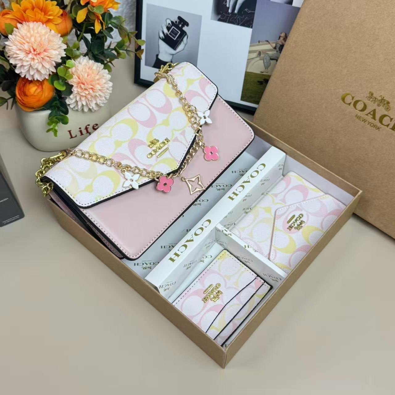 Pastel Signature Print Crossbody Bag and Matching Wallet Set with Gold-tone Chain Strap and Floral Charms - Image 8