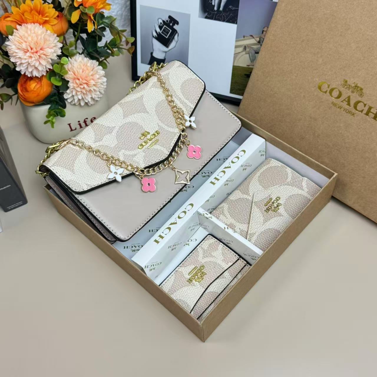 Pastel Signature Print Crossbody Bag and Matching Wallet Set with Gold-tone Chain Strap and Floral Charms - Image 7