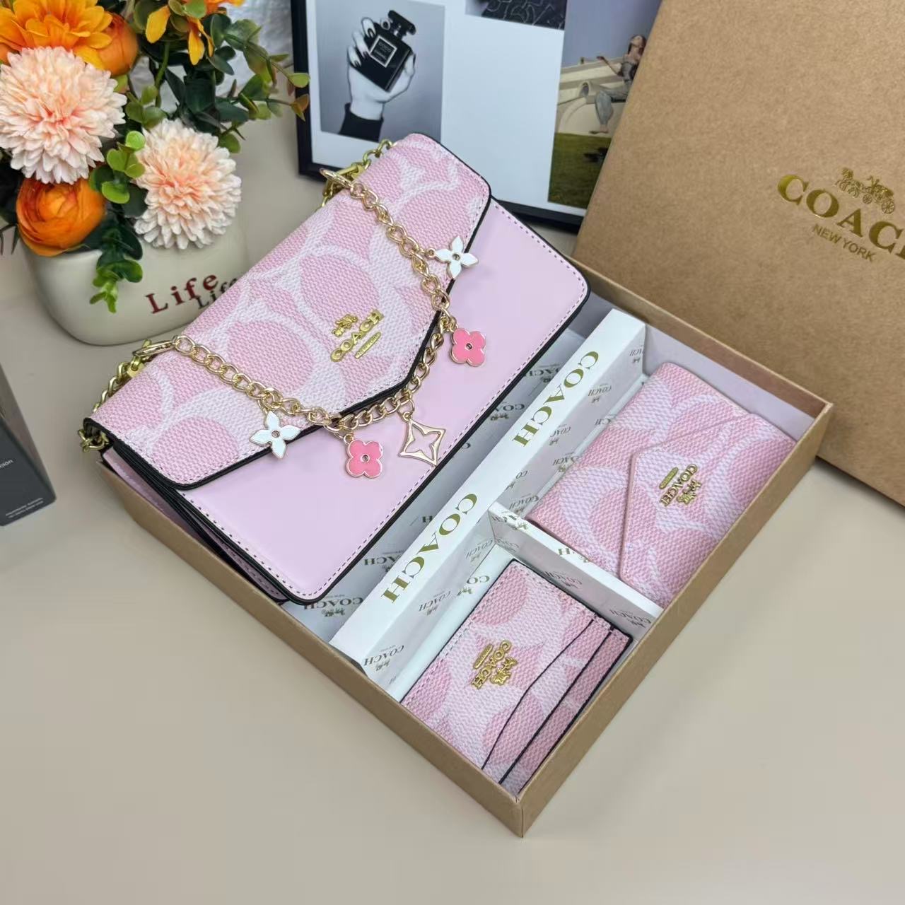 Pastel Signature Print Crossbody Bag and Matching Wallet Set with Gold-tone Chain Strap and Floral Charms - Image 5