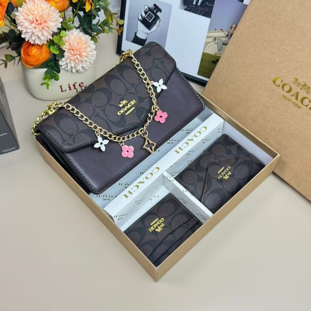 Pastel Signature Print Crossbody Bag and Matching Wallet Set with Gold-tone Chain Strap and Floral Charms - Image 3