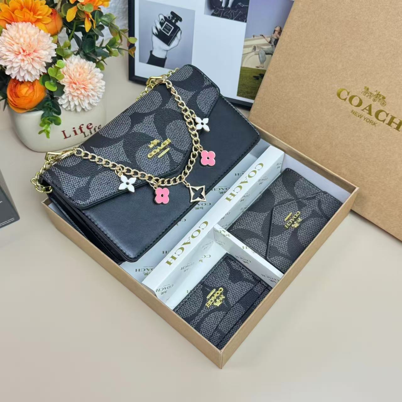 Pastel Signature Print Crossbody Bag and Matching Wallet Set with Gold-tone Chain Strap and Floral Charms - Image 2