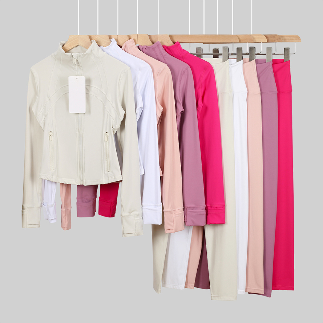 Womens Yoga Set with Gold Zipper Sports Jacket and High-waisted Pants